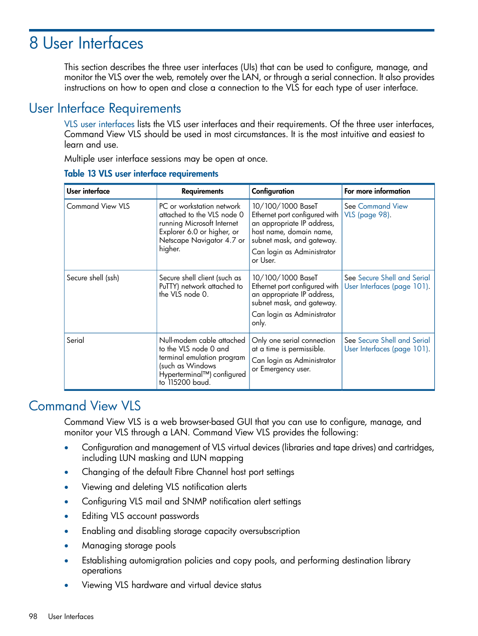 8 user interfaces, User interface requirements, Command view vls | User interface requirements command view vls | HP 9000 Virtual Library System User Manual | Page 98 / 268