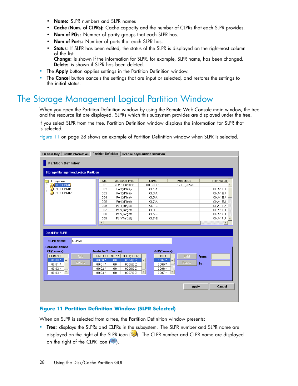 The storage management logical partition window, 11 partition deﬁnition window (slpr selected) | HP StorageWorks XP Remote Web Console Software User Manual | Page 28 / 43