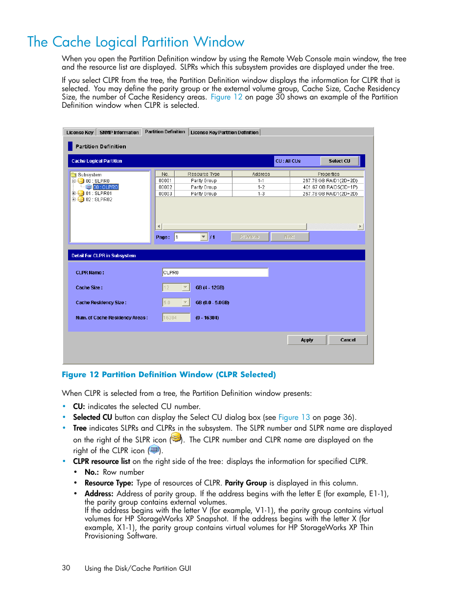 The cache logical partition window, 12 partition deﬁnition window (clpr selected) | HP StorageWorks XP Remote Web Console Software User Manual | Page 30 / 43