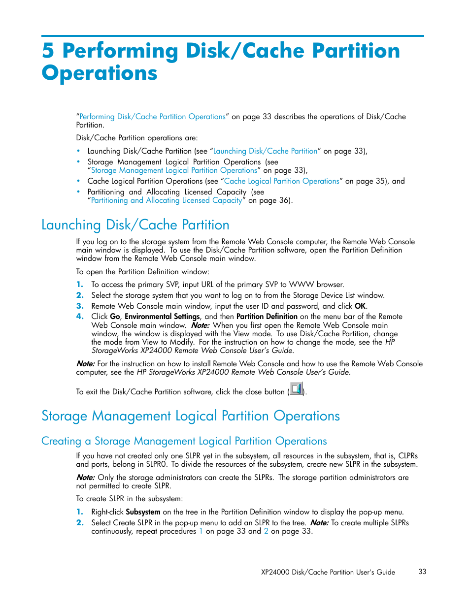 5 performing disk/cache partition operations, Launching disk/cache partition, Storage management logical partition operations | Performing disk/cache partition operations | HP StorageWorks XP Remote Web Console Software User Manual | Page 33 / 43