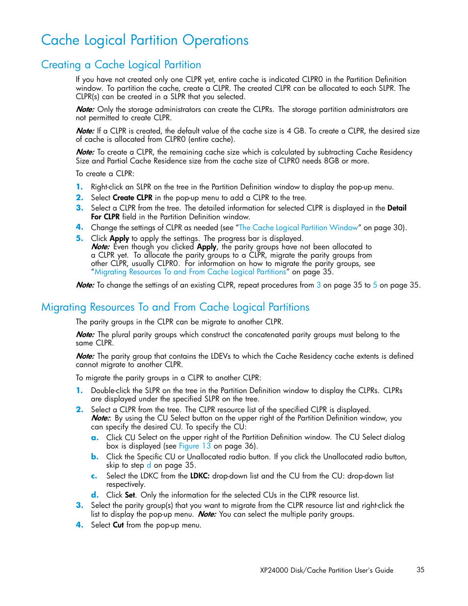 Cache logical partition operations, Creating a cache logical partition | HP StorageWorks XP Remote Web Console Software User Manual | Page 35 / 43