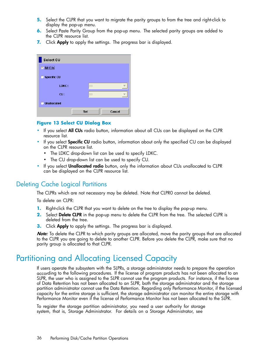Partitioning and allocating licensed capacity, Deleting cache logical partitions, 13 select cu dialog box | Figure 13 | HP StorageWorks XP Remote Web Console Software User Manual | Page 36 / 43