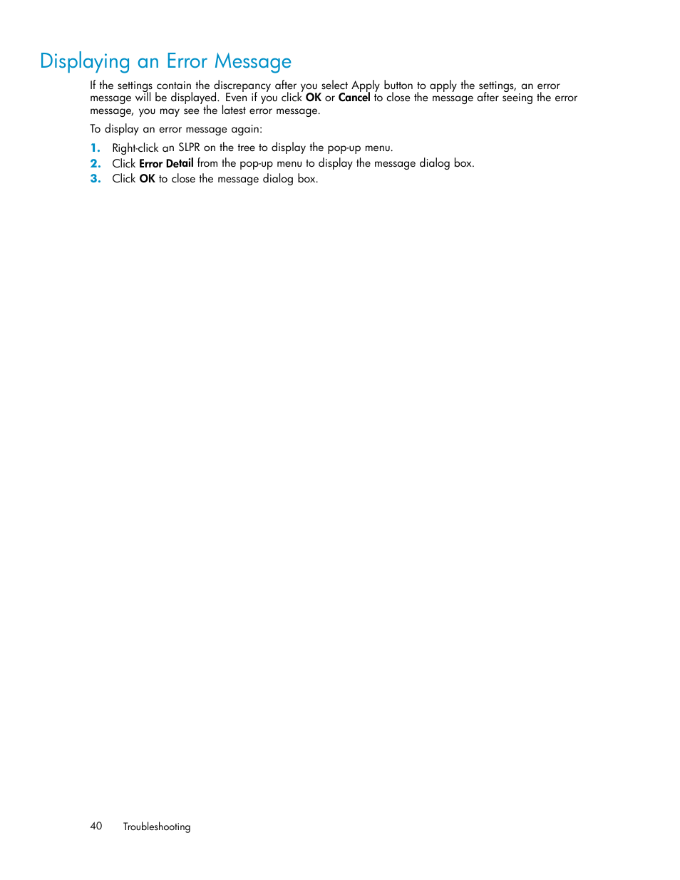 Displaying an error message | HP StorageWorks XP Remote Web Console Software User Manual | Page 40 / 43