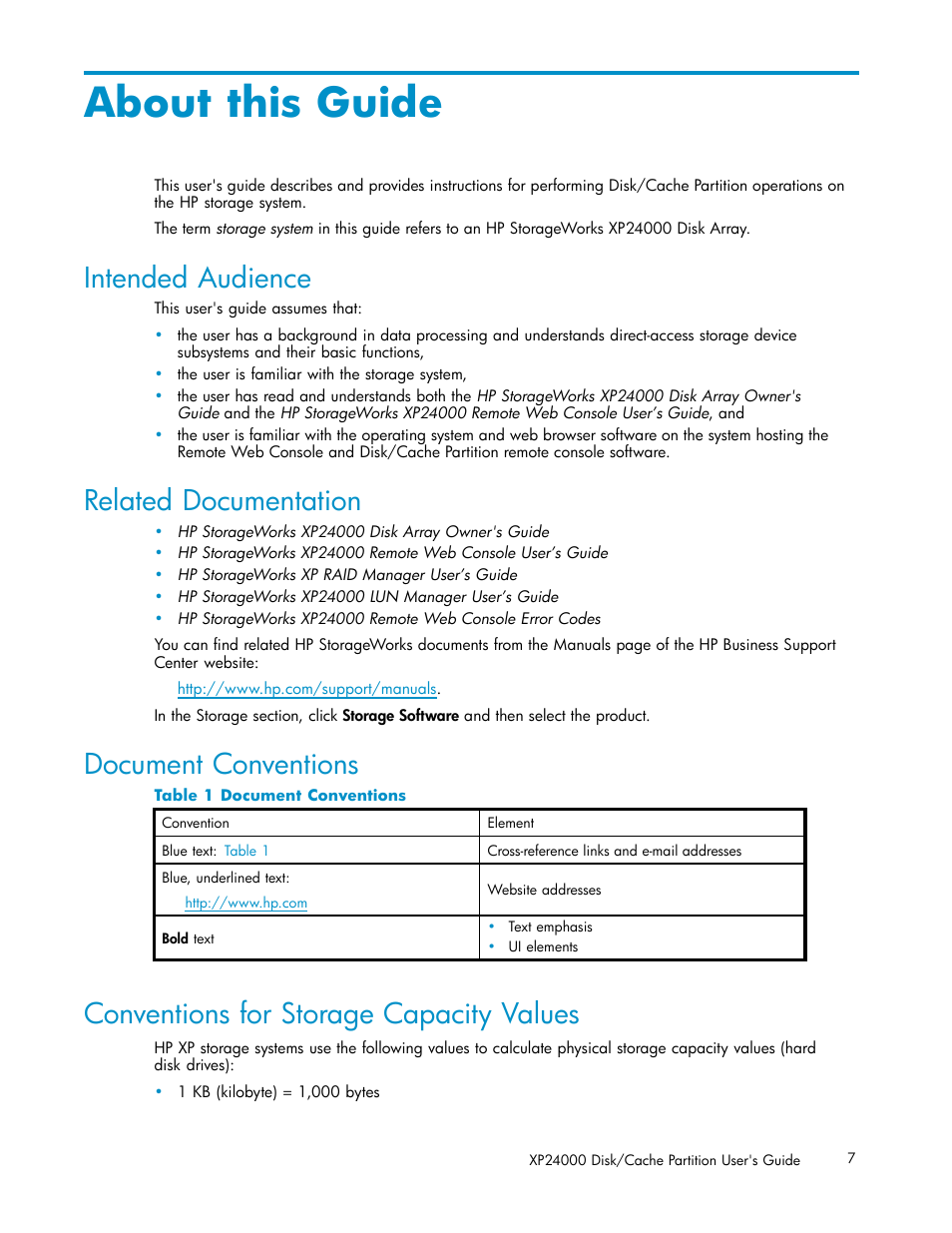 About this guide, Intended audience, Related documentation | Conventions for storage capacity values, Document conventions, 1 document conventions | HP StorageWorks XP Remote Web Console Software User Manual | Page 7 / 43