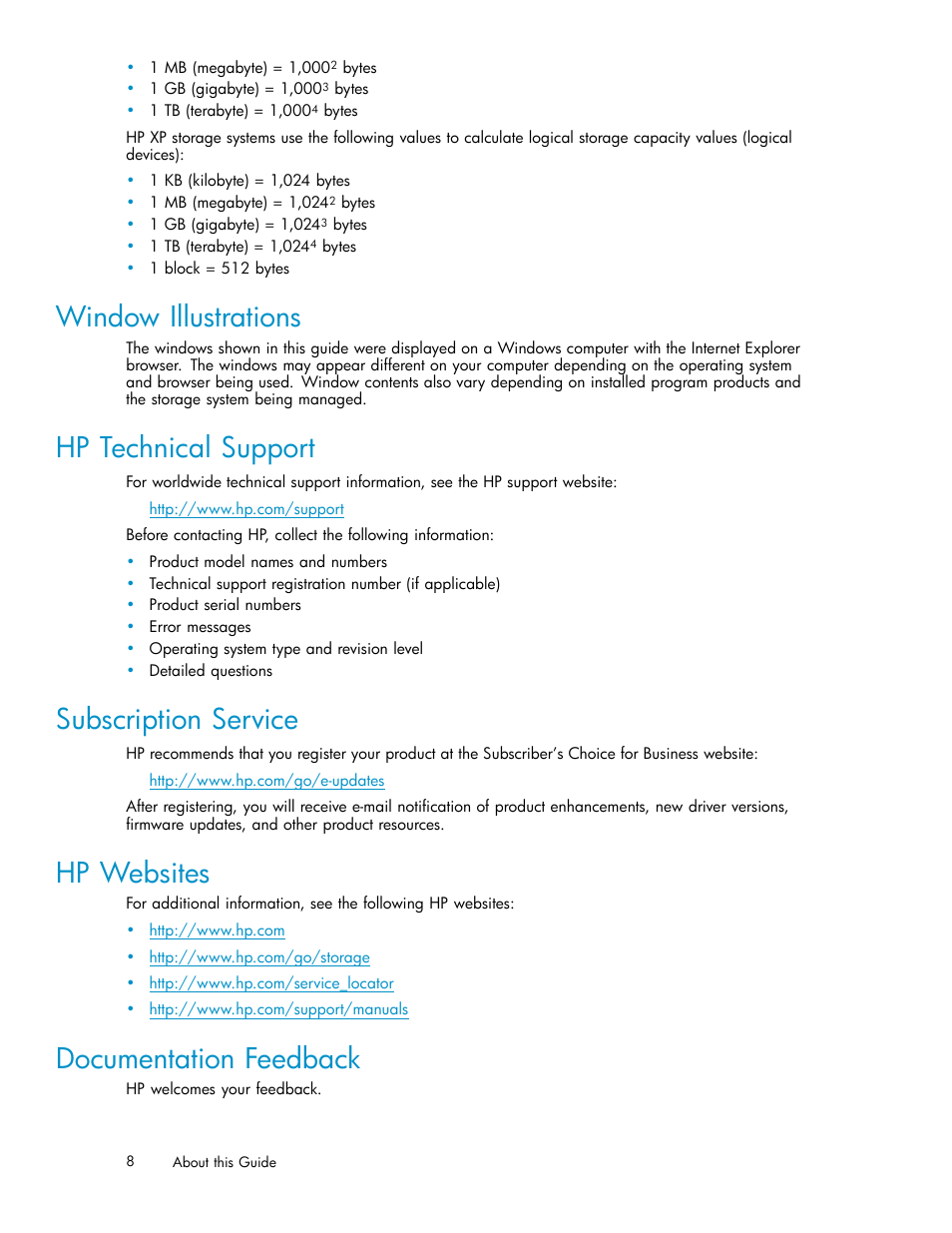 Window illustrations, Hp technical support, Subscription service | Hp websites, Documentation feedback | HP StorageWorks XP Remote Web Console Software User Manual | Page 8 / 43