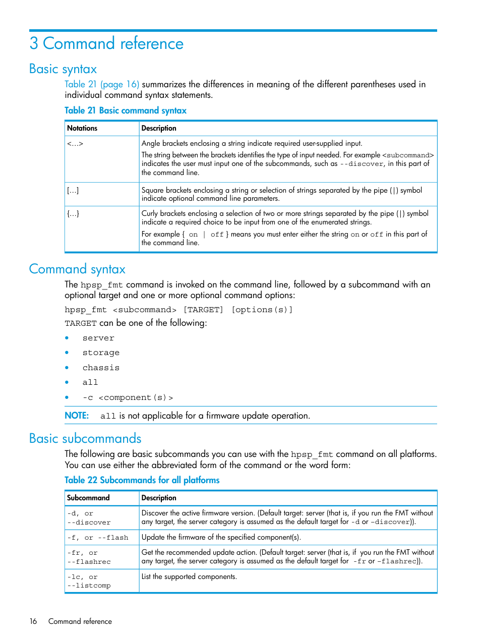 3 command reference, Basic syntax, Command syntax | Basic subcommands, Basic syntax command syntax basic subcommands | HP StoreAll Storage User Manual | Page 16 / 93