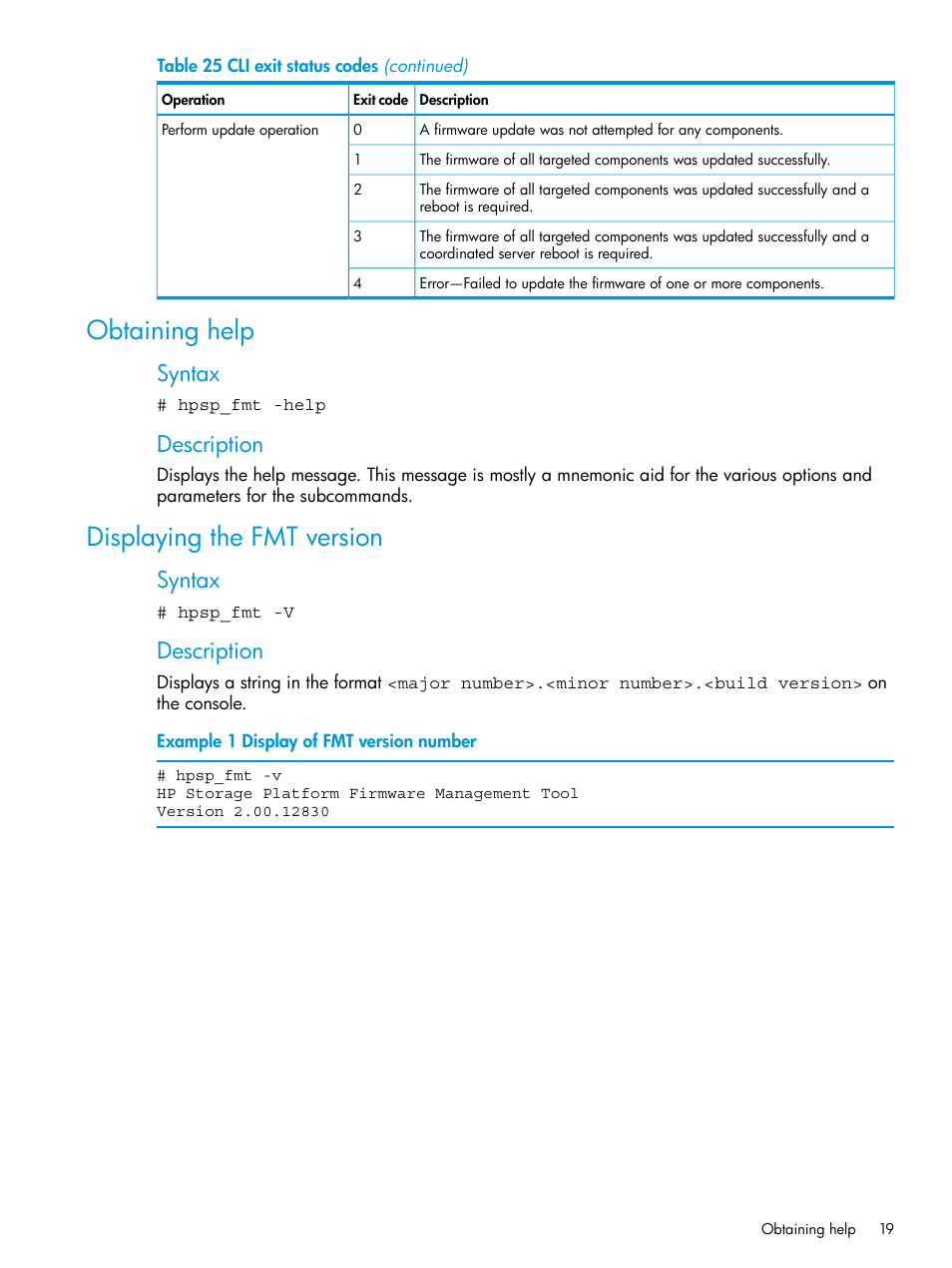 Obtaining help, Displaying the fmt version, Obtaining help displaying the fmt version | Syntax, Description | HP StoreAll Storage User Manual | Page 19 / 93