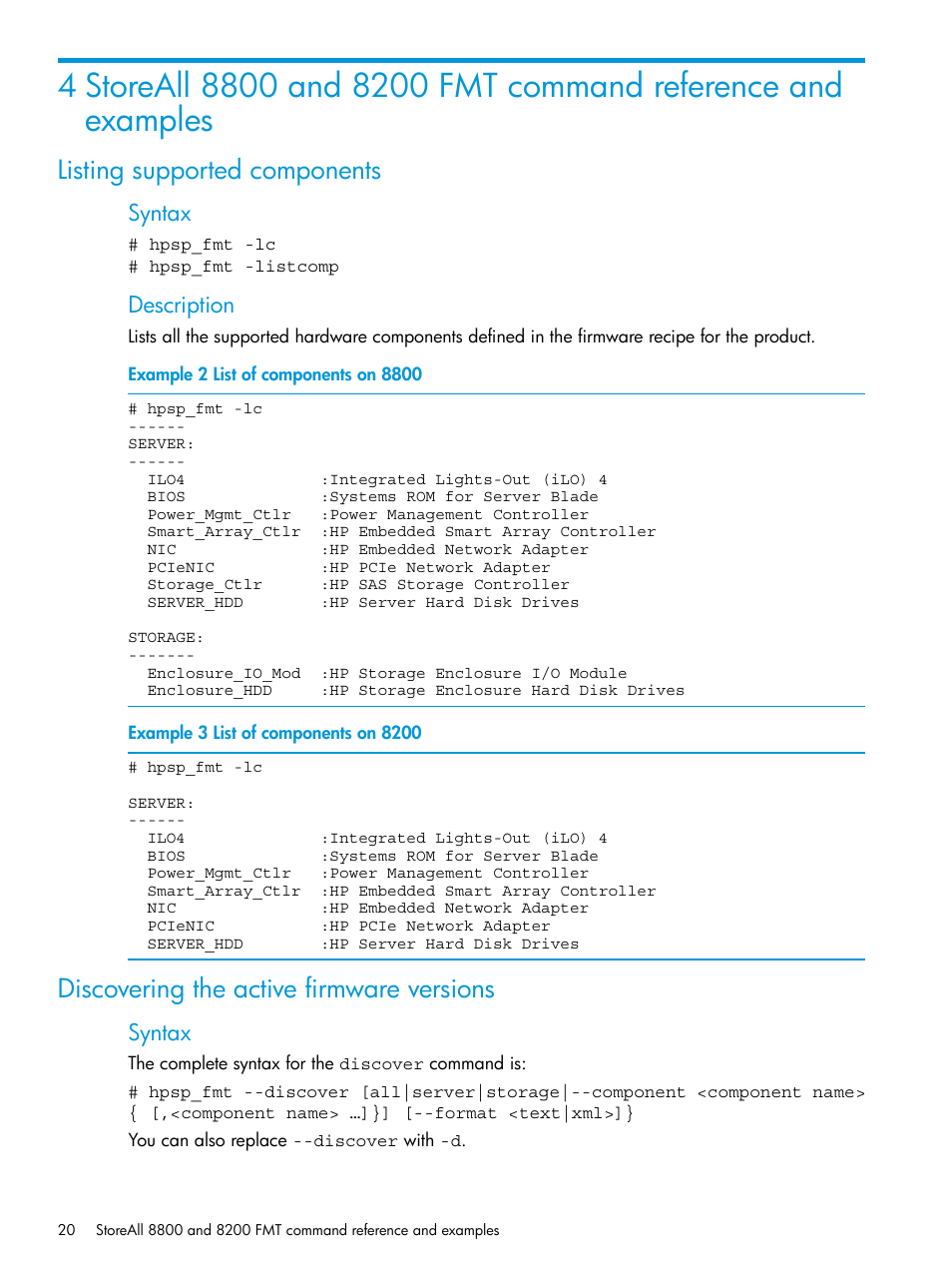 Listing supported components, Discovering the active firmware versions | HP StoreAll Storage User Manual | Page 20 / 93