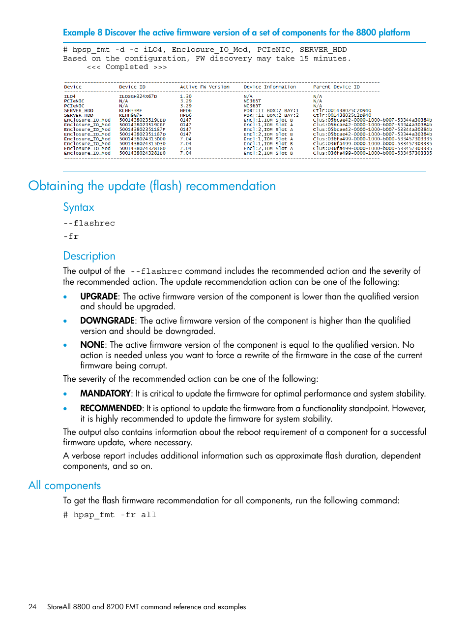 Obtaining the update (flash) recommendation, All components, Syntax | Description | HP StoreAll Storage User Manual | Page 24 / 93