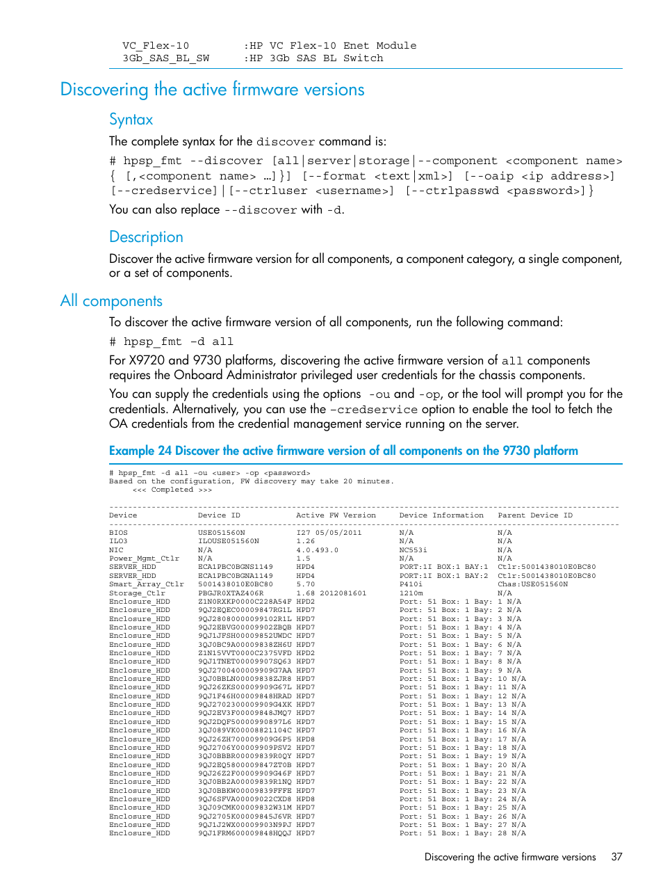 Discovering the active firmware versions, All components, Syntax | Description | HP StoreAll Storage User Manual | Page 37 / 93