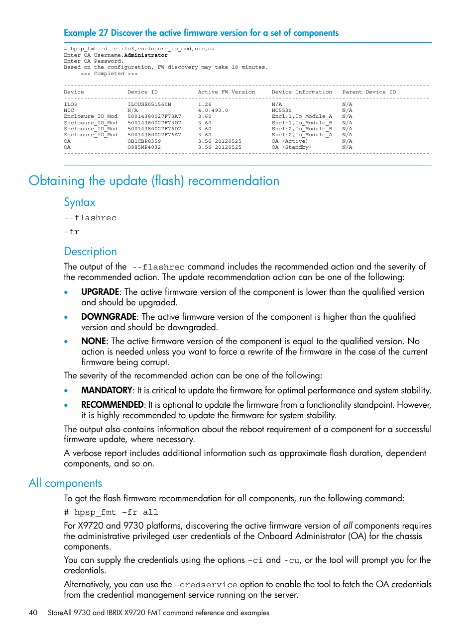 Obtaining the update (flash) recommendation, All components, Syntax | Description | HP StoreAll Storage User Manual | Page 40 / 93