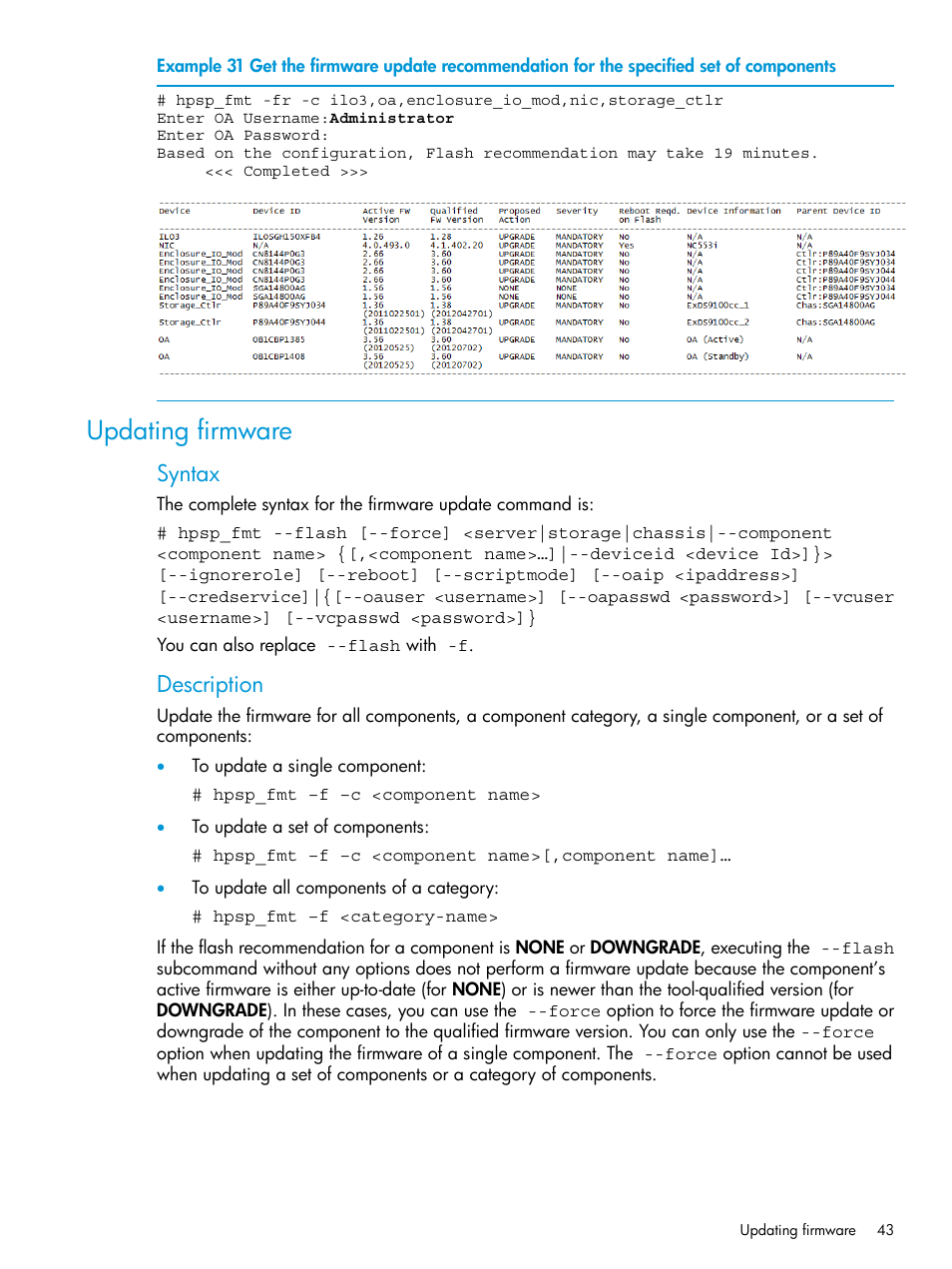Updating firmware, Syntax, Description | HP StoreAll Storage User Manual | Page 43 / 93