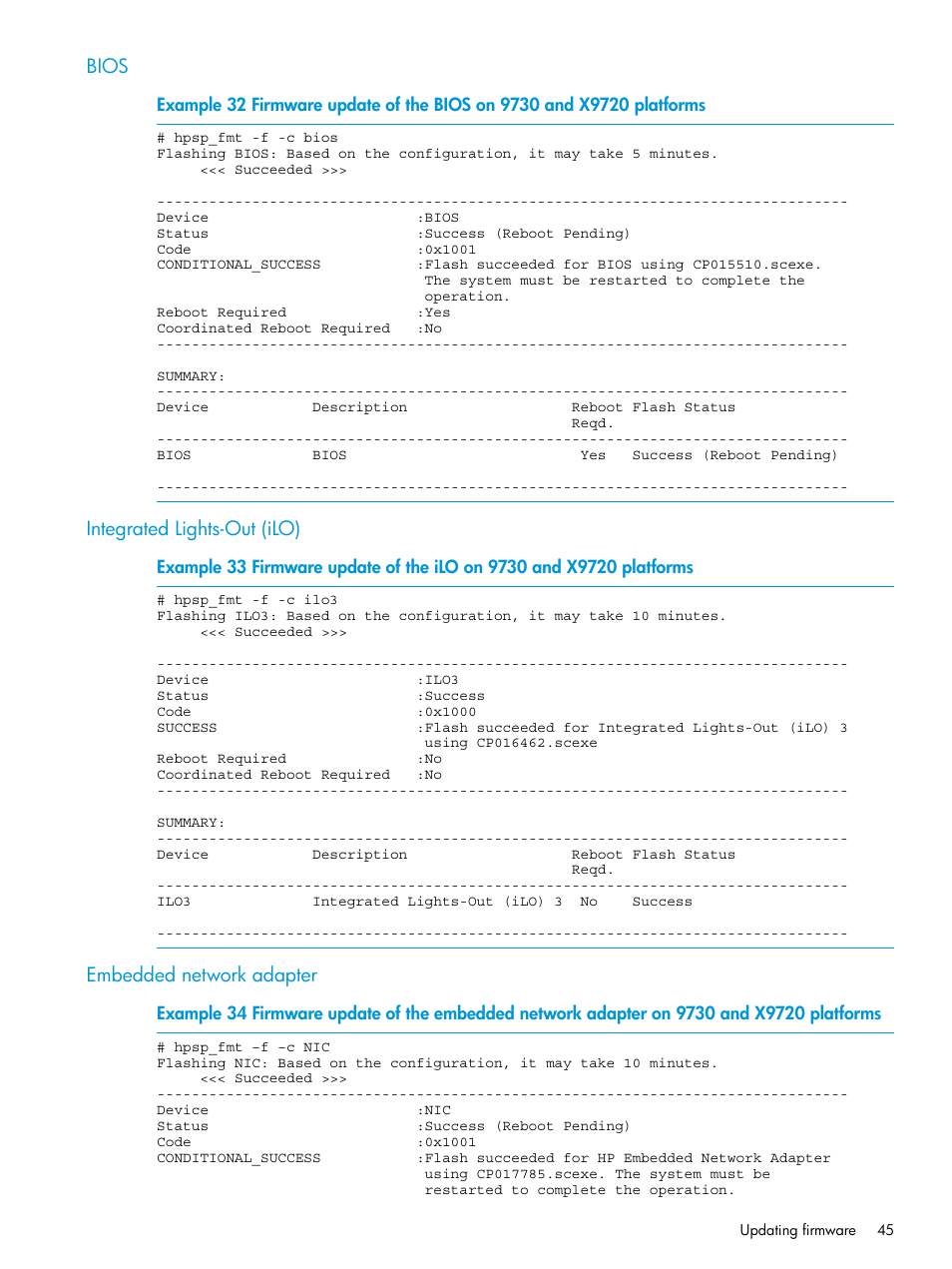 Bios, Integrated lights-out (ilo), Embedded network adapter | HP StoreAll Storage User Manual | Page 45 / 93