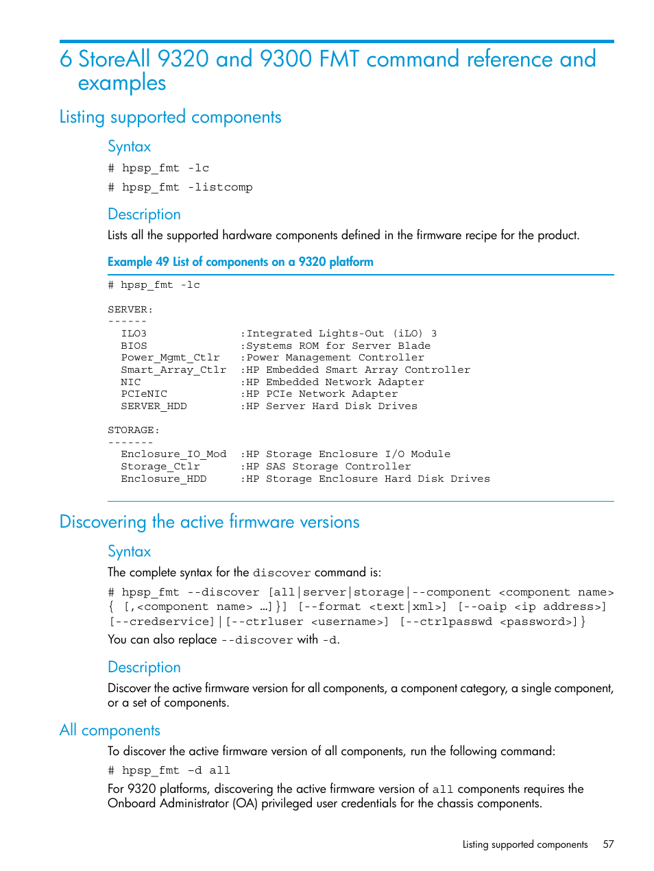 Listing supported components, Discovering the active firmware versions, All components | HP StoreAll Storage User Manual | Page 57 / 93