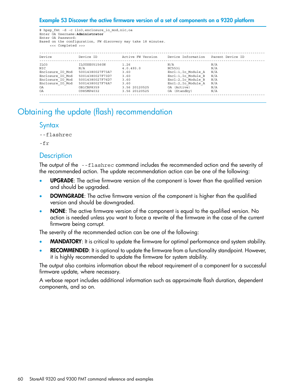 Obtaining the update (flash) recommendation, Syntax, Description | HP StoreAll Storage User Manual | Page 60 / 93
