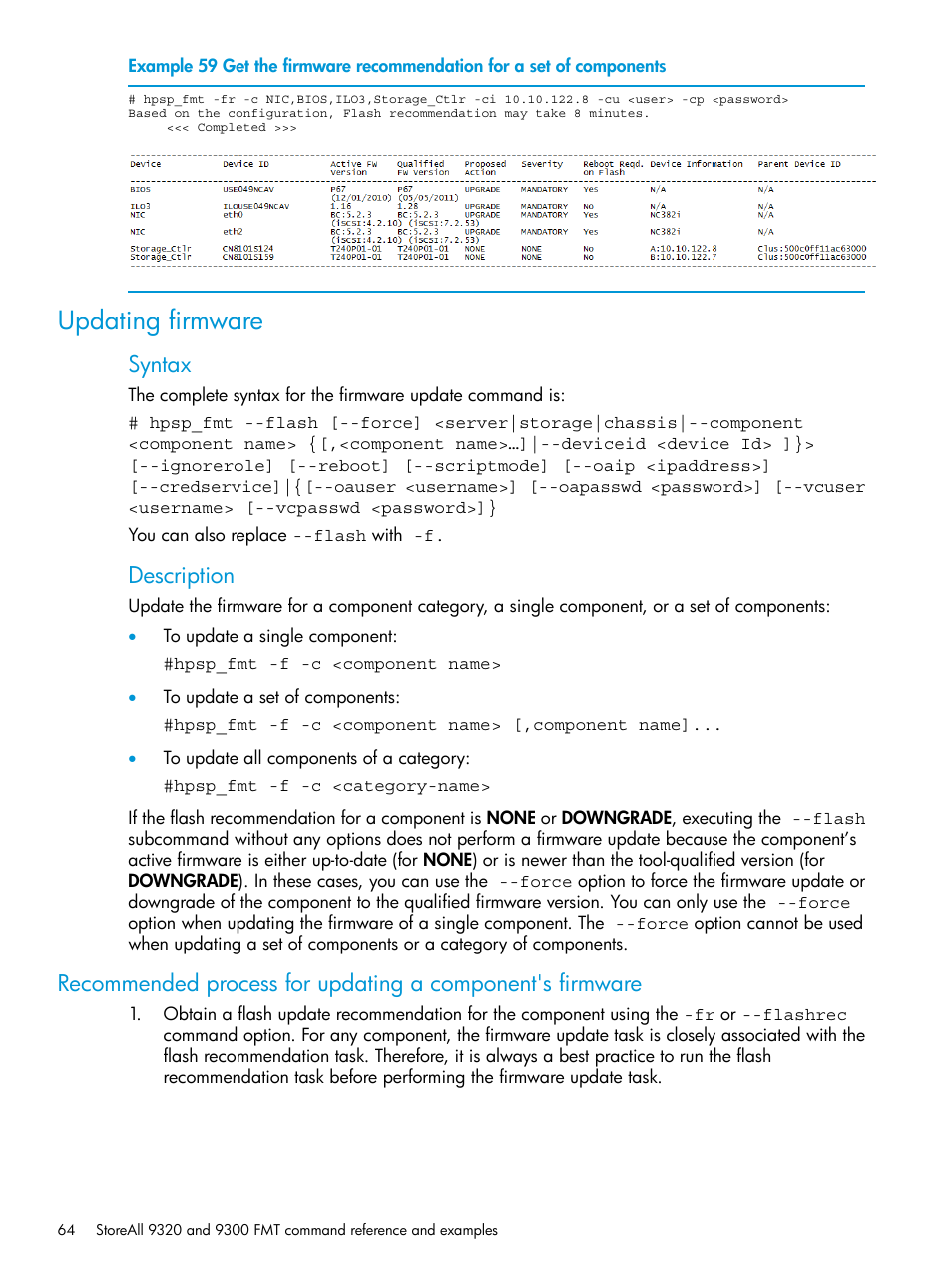 Updating firmware, Syntax, Description | HP StoreAll Storage User Manual | Page 64 / 93