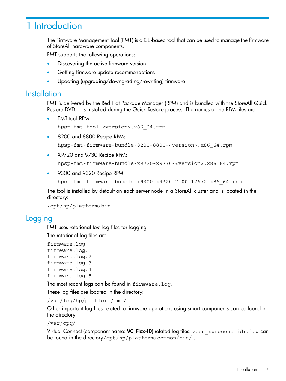1 introduction, Installation, Logging | Installation logging | HP StoreAll Storage User Manual | Page 7 / 93