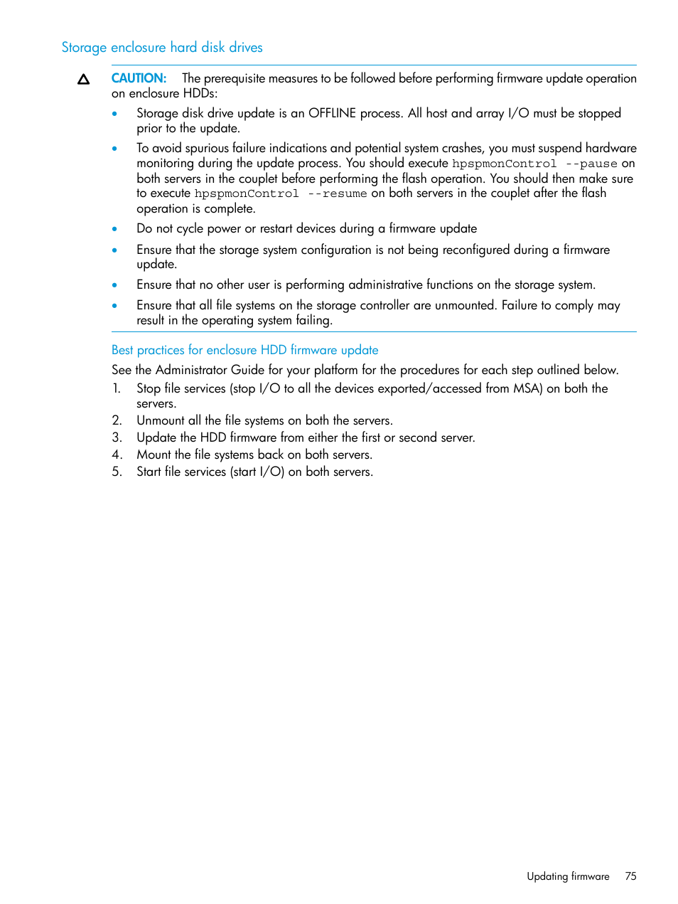 Storage enclosure hard disk drives, Best practices for enclosure hdd firmware update | HP StoreAll Storage User Manual | Page 75 / 93