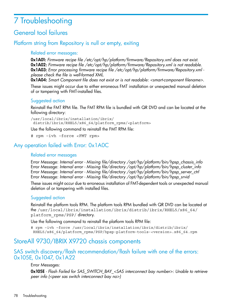 7 troubleshooting, General tool failures, Any operation failed with error: 0x1a0c | Storeall 9730/​ibrix x9720 chassis components, Storeall 9730/ibrix x9720 chassis components | HP StoreAll Storage User Manual | Page 78 / 93
