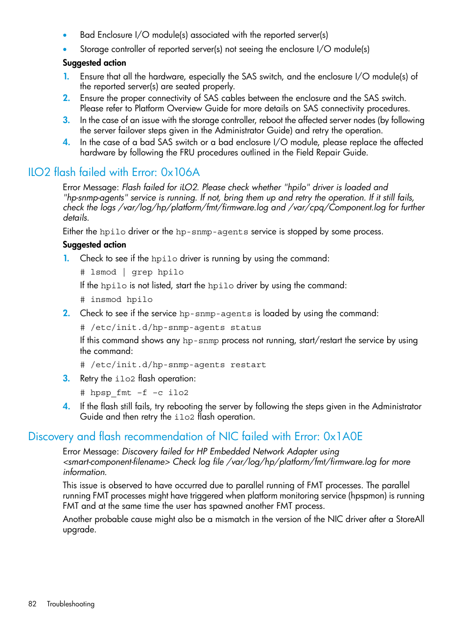 Ilo2 flash failed with error: 0x106a | HP StoreAll Storage User Manual | Page 82 / 93