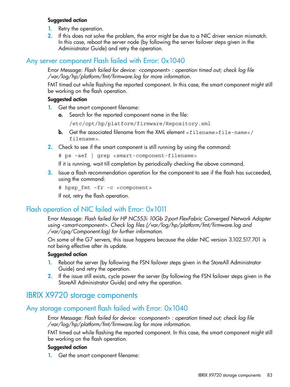 Flash operation of nic failed with error: 0x1011, Ibrix x9720 storage components | HP StoreAll Storage User Manual | Page 83 / 93