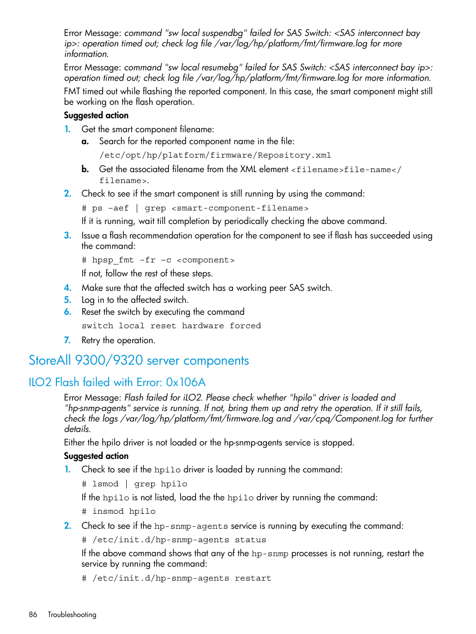 Storeall 9300/9320 server components, Ilo2 flash failed with error: 0x106a | HP StoreAll Storage User Manual | Page 86 / 93