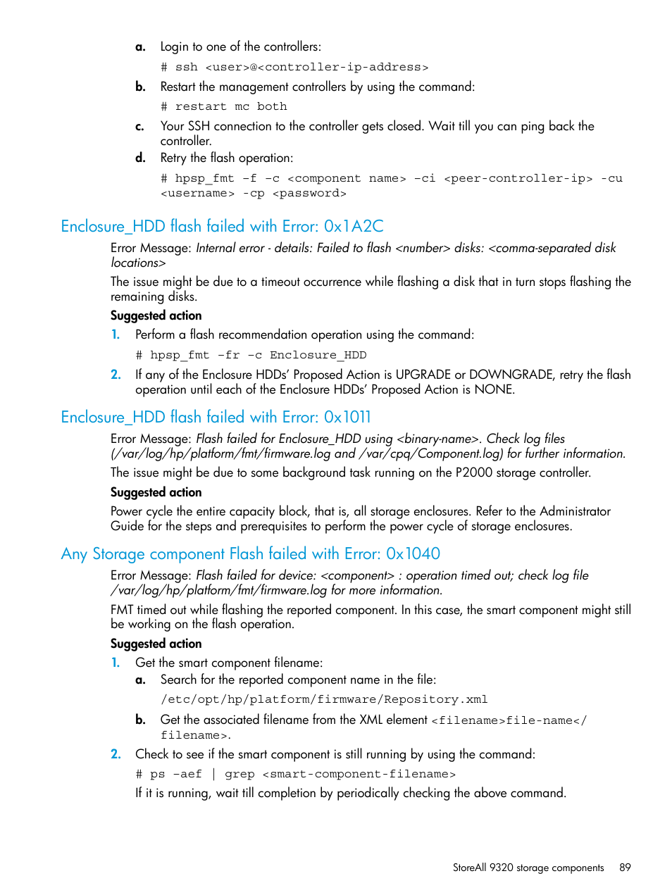 Enclosure_hdd flash failed with error: 0x1a2c, Enclosure_hdd flash failed with error: 0x1011 | HP StoreAll Storage User Manual | Page 89 / 93