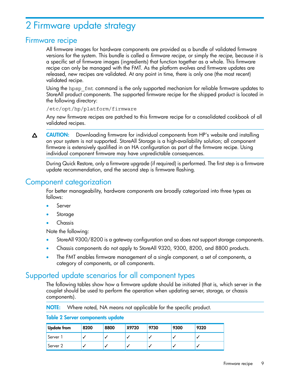 2 firmware update strategy, Firmware recipe, Component categorization | Supported update scenarios for all component types | HP StoreAll Storage User Manual | Page 9 / 93