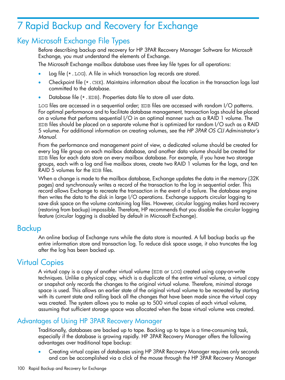 7 rapid backup and recovery for exchange, Key microsoft exchange file types, Backup | Virtual copies, Advantages of using hp 3par recovery manager | HP 3PAR Recovery Manager Software User Manual | Page 100 / 176