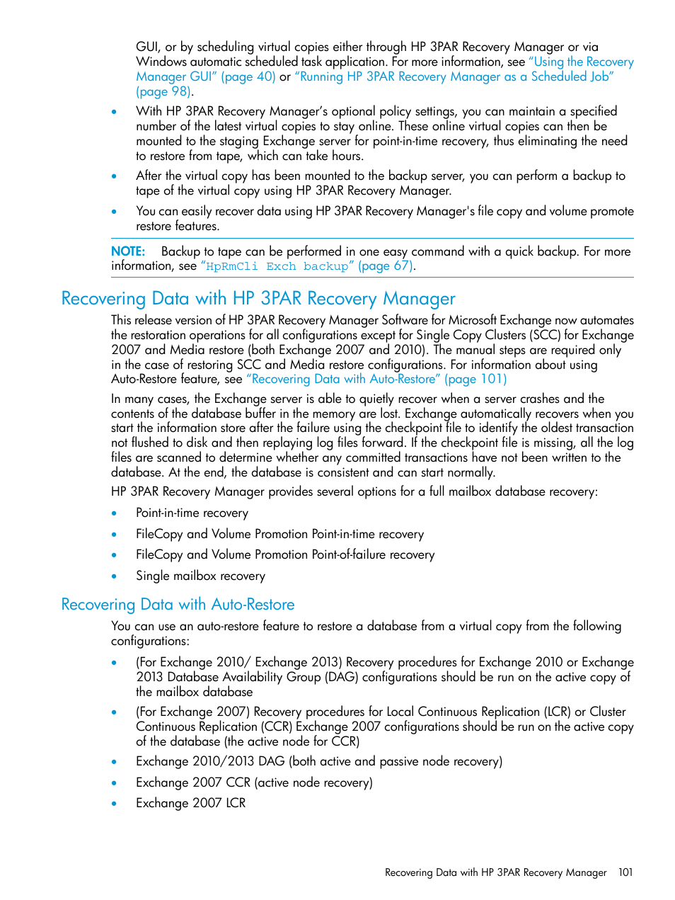 Recovering data with hp 3par recovery manager, Recovering data with auto-restore, Recovering data | HP 3PAR Recovery Manager Software User Manual | Page 101 / 176