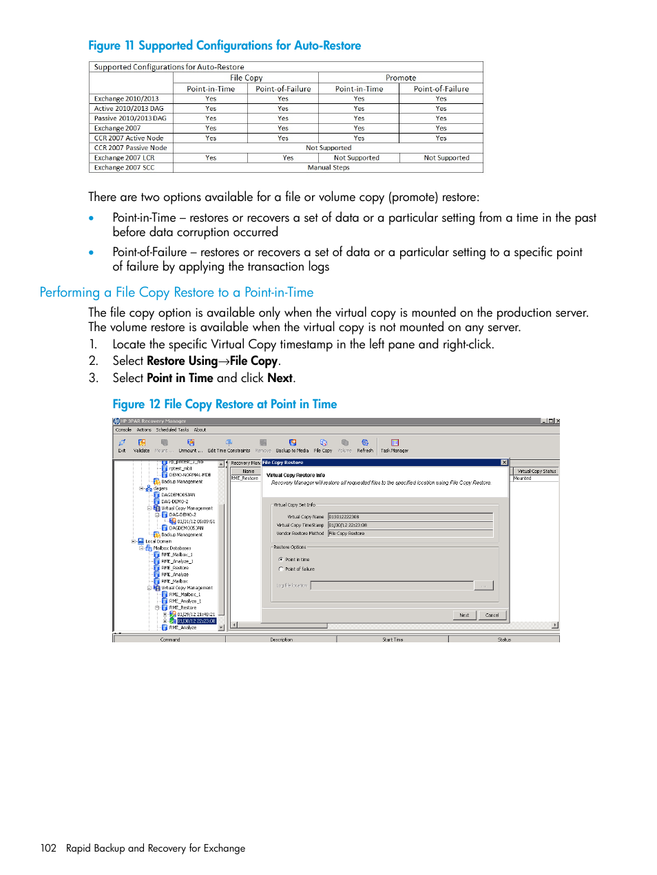 Performing a file copy restore to a point-in-time | HP 3PAR Recovery Manager Software User Manual | Page 102 / 176