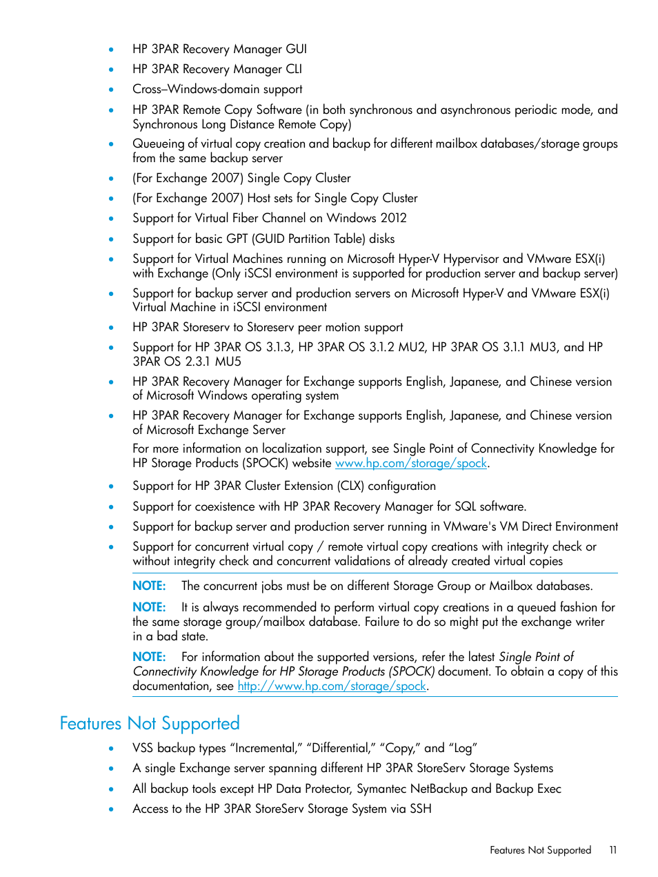 Features not supported | HP 3PAR Recovery Manager Software User Manual | Page 11 / 176