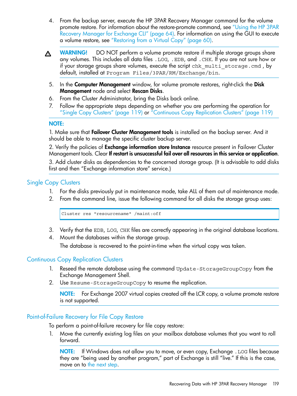 Single copy clusters, Continuous copy replication clusters, Point-of-failure recovery for file copy restore | HP 3PAR Recovery Manager Software User Manual | Page 119 / 176