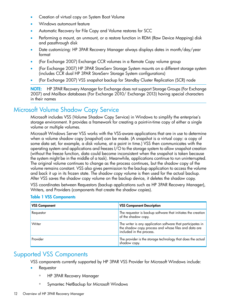 Microsoft volume shadow copy service, Supported vss components | HP 3PAR Recovery Manager Software User Manual | Page 12 / 176