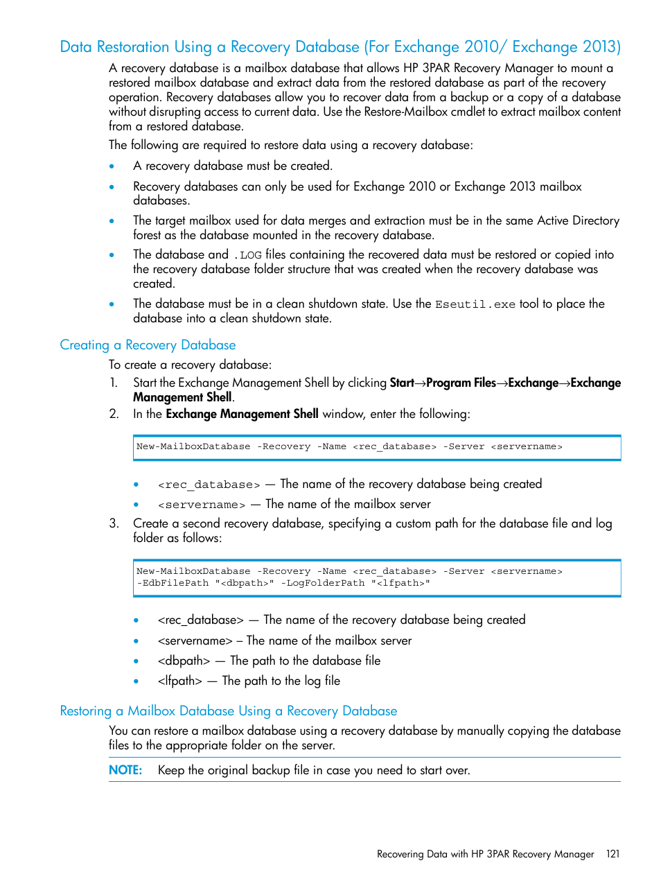 Creating a recovery database | HP 3PAR Recovery Manager Software User Manual | Page 121 / 176