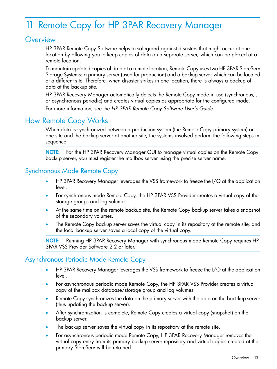 11 remote copy for hp 3par recovery manager, Overview, How remote copy works | Synchronous mode remote copy, Asynchronous periodic mode remote copy, Overview how remote copy works, Remote copy for hp 3par recovery manager | HP 3PAR Recovery Manager Software User Manual | Page 131 / 176