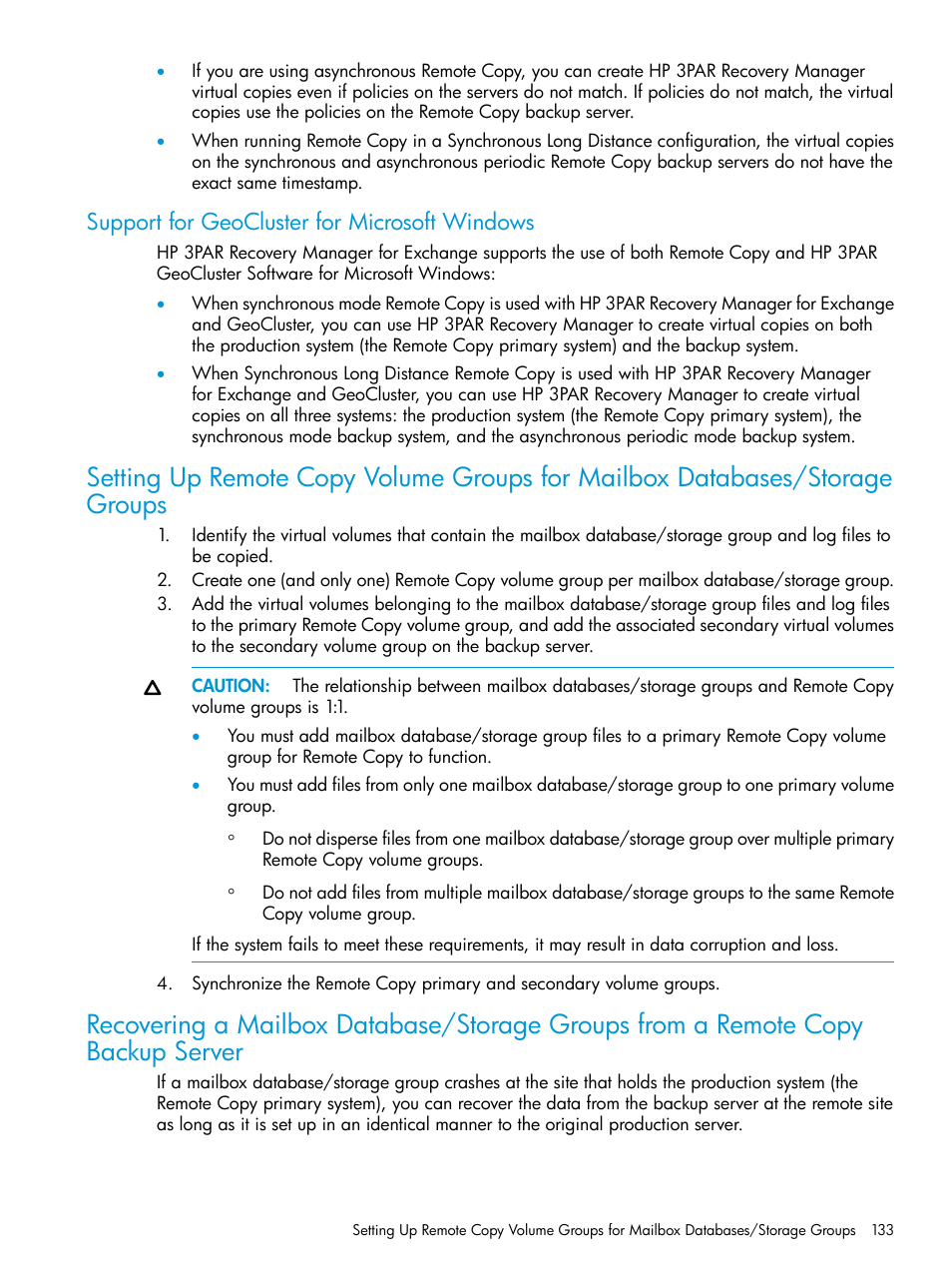 Support for geocluster for microsoft windows | HP 3PAR Recovery Manager Software User Manual | Page 133 / 176