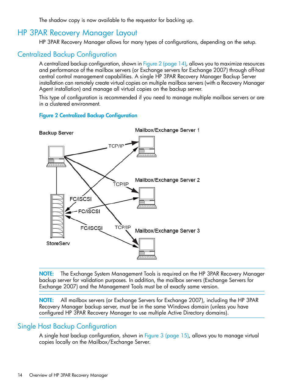 Hp 3par recovery manager layout, Centralized backup configuration, Single host backup configuration | HP 3PAR Recovery Manager Software User Manual | Page 14 / 176