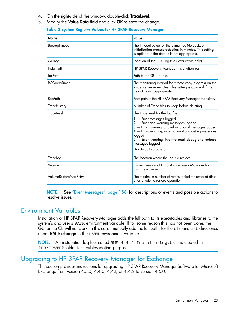 Environment variables, Upgrading to hp 3par recovery manager for exchange | HP 3PAR Recovery Manager Software User Manual | Page 23 / 176