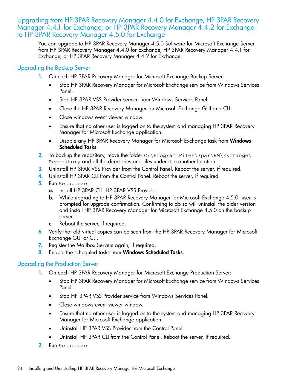 Upgrading the backup server, Upgrading the production server | HP 3PAR Recovery Manager Software User Manual | Page 24 / 176