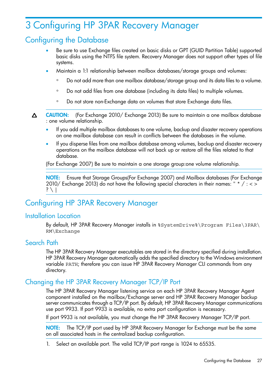 3 configuring hp 3par recovery manager, Configuring the database, Configuring hp 3par recovery manager | Installation location, Search path, Changing the hp 3par recovery manager tcp/ip port | HP 3PAR Recovery Manager Software User Manual | Page 27 / 176