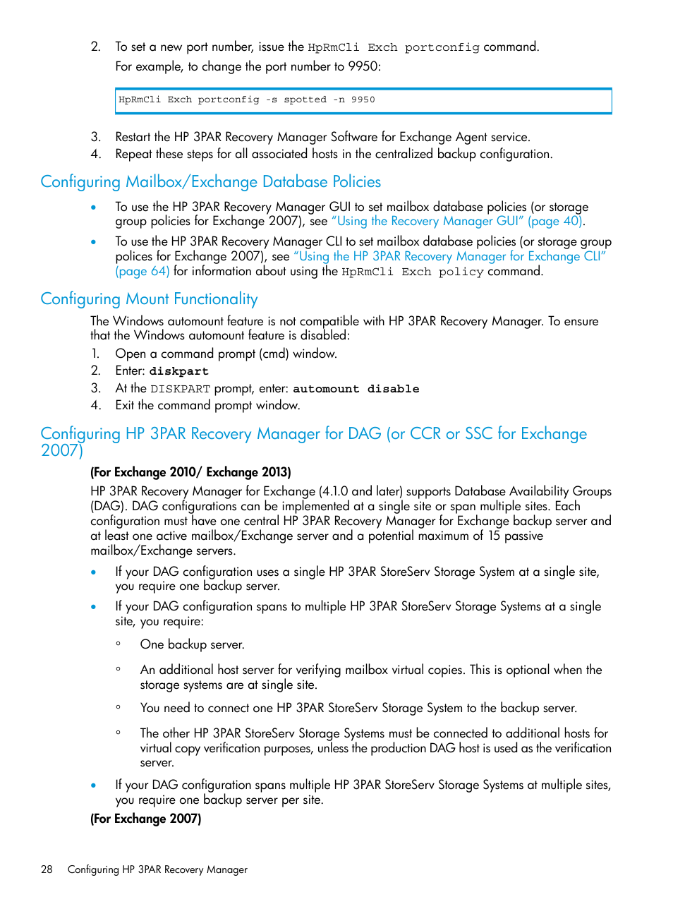 Configuring mailbox/exchange database policies, Configuring mount functionality | HP 3PAR Recovery Manager Software User Manual | Page 28 / 176