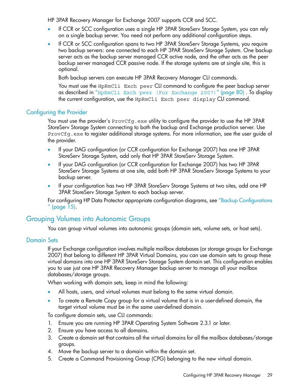 Configuring the provider, Grouping volumes into autonomic groups, Domain sets | HP 3PAR Recovery Manager Software User Manual | Page 29 / 176