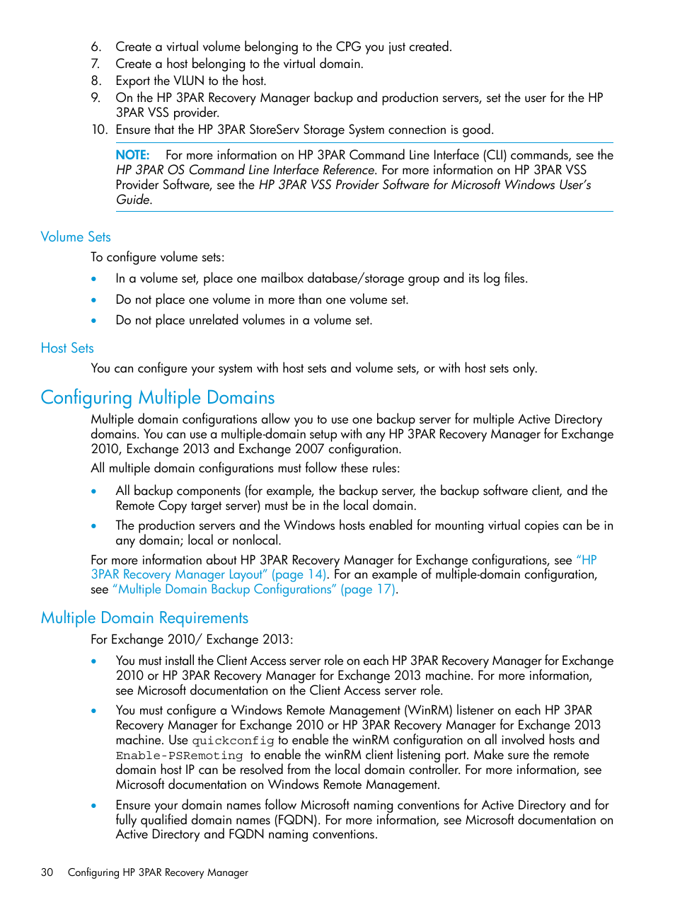 Volume sets, Host sets, Configuring multiple domains | Multiple domain requirements, Volume sets host sets | HP 3PAR Recovery Manager Software User Manual | Page 30 / 176
