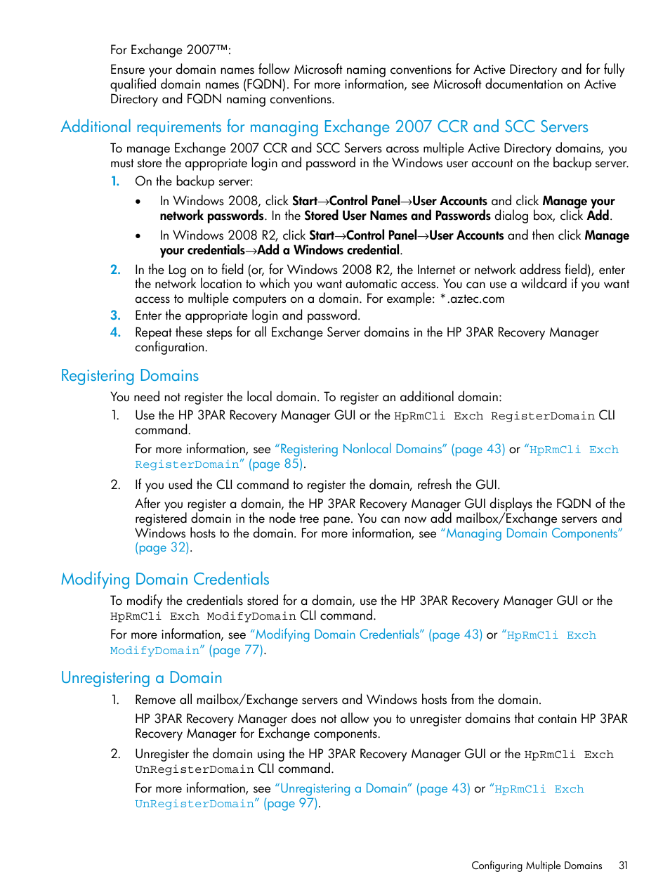 Registering domains, Modifying domain credentials, Unregistering a domain | HP 3PAR Recovery Manager Software User Manual | Page 31 / 176