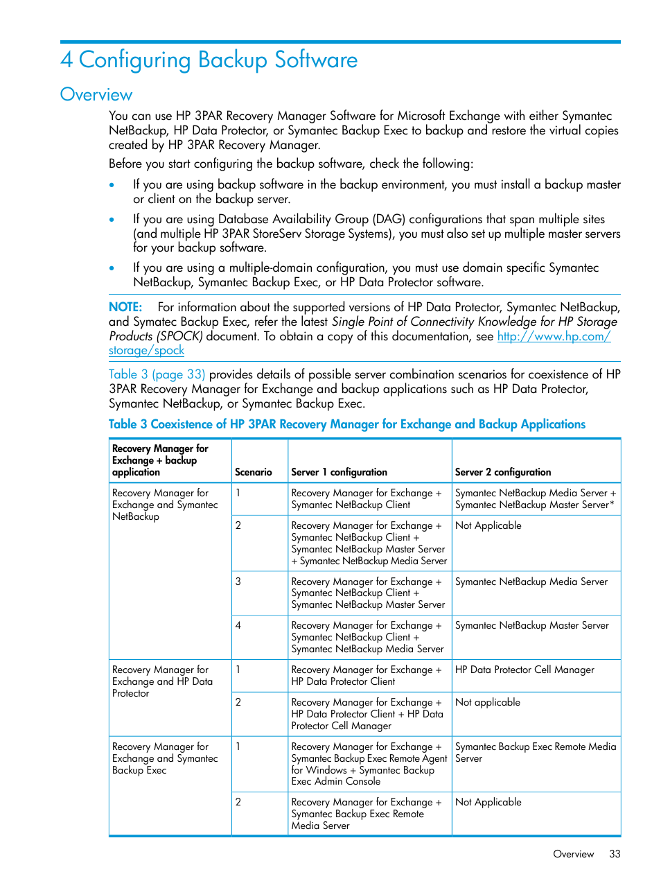 4 configuring backup software, Overview | HP 3PAR Recovery Manager Software User Manual | Page 33 / 176