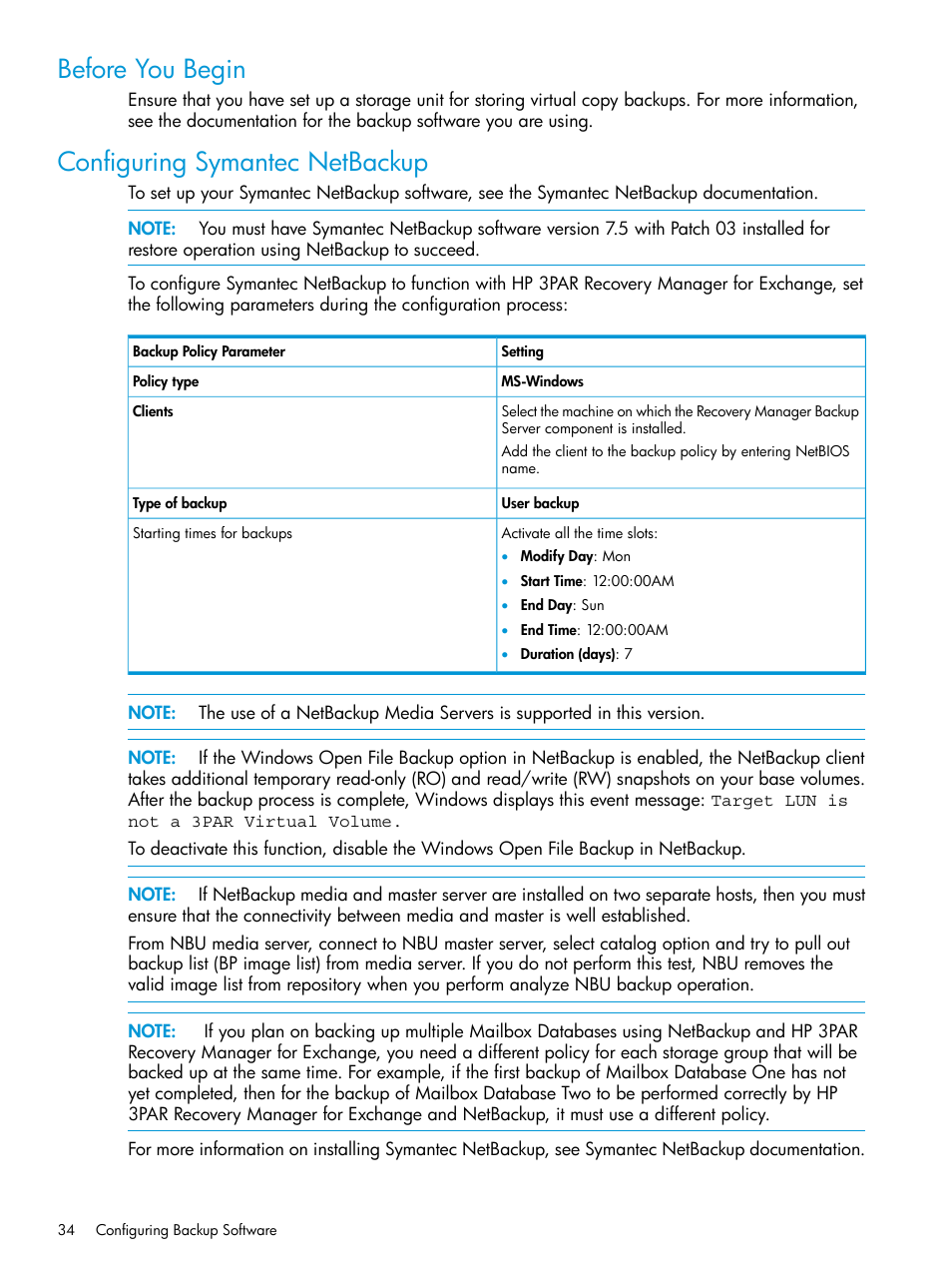 Before you begin, Configuring symantec netbackup, Before you begin configuring symantec netbackup | HP 3PAR Recovery Manager Software User Manual | Page 34 / 176