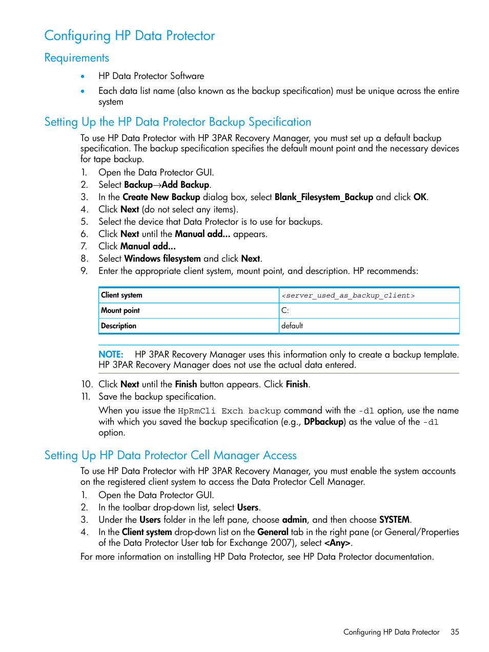 Configuring hp data protector, Requirements, Setting up hp data protector cell manager access | HP 3PAR Recovery Manager Software User Manual | Page 35 / 176
