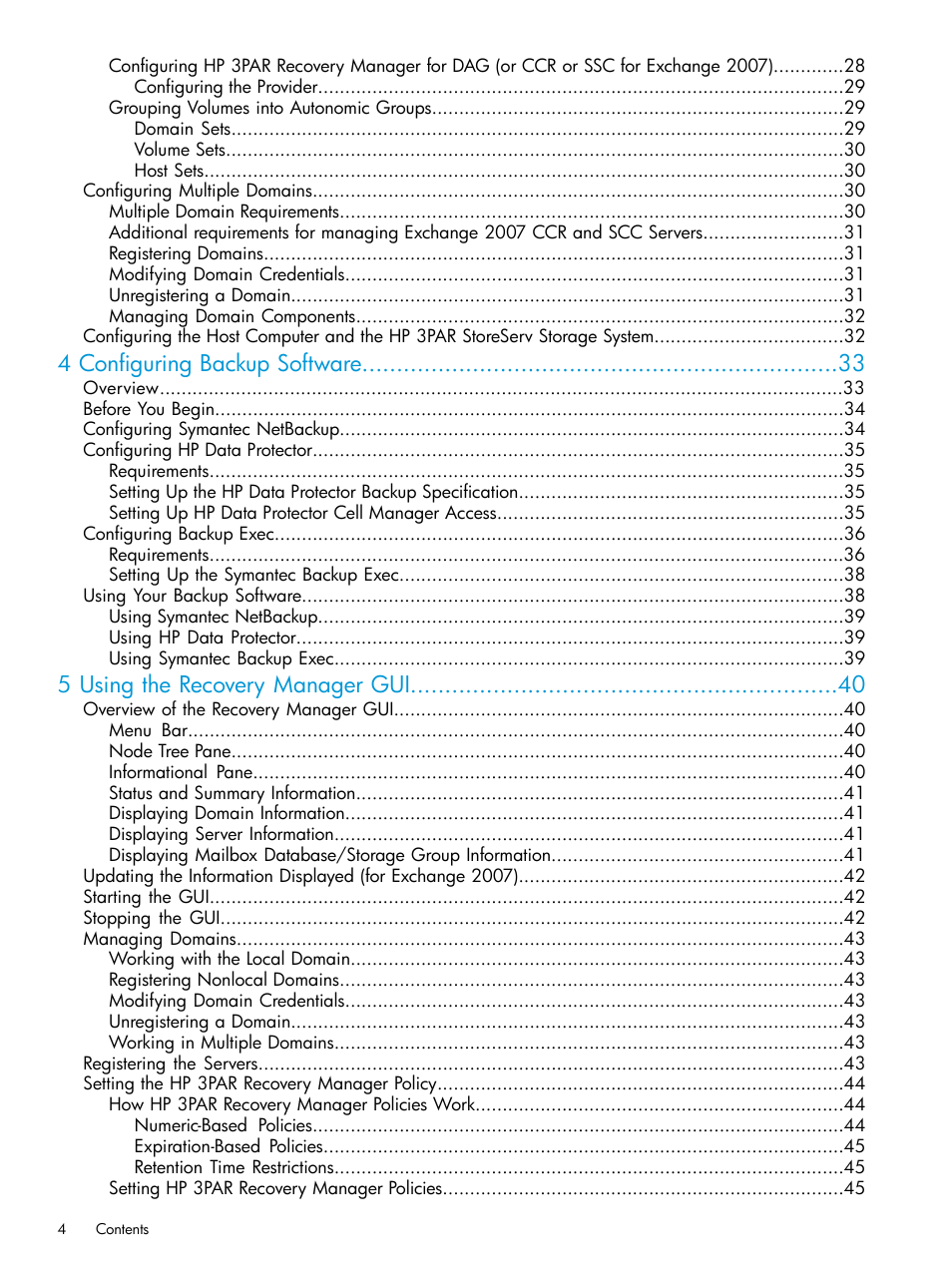 4 configuring backup software, 5 using the recovery manager gui | HP 3PAR Recovery Manager Software User Manual | Page 4 / 176