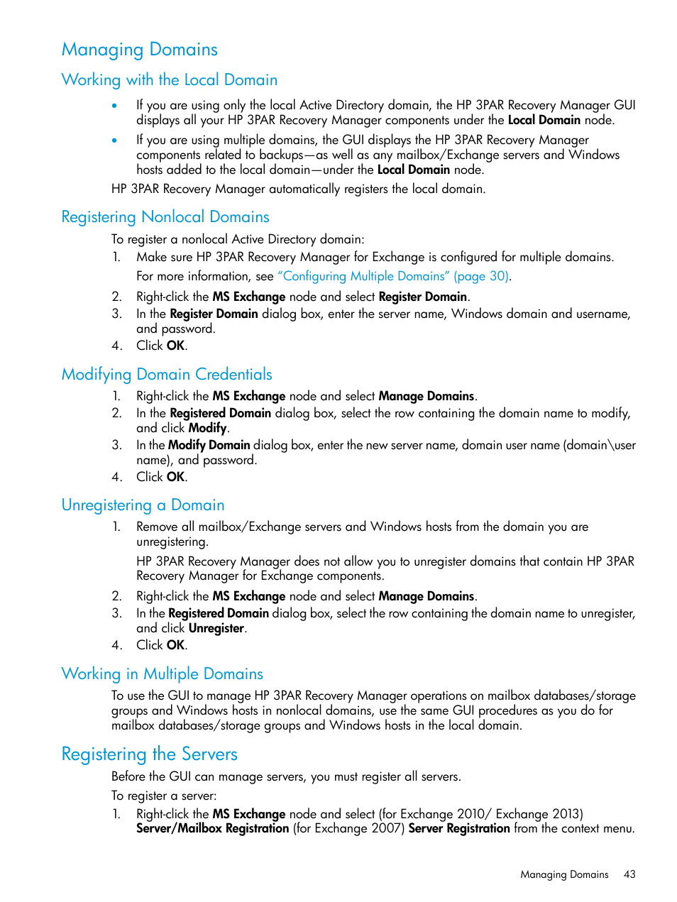 Managing domains, Working with the local domain, Registering nonlocal domains | Modifying domain credentials, Unregistering a domain, Working in multiple domains, Registering the servers | HP 3PAR Recovery Manager Software User Manual | Page 43 / 176